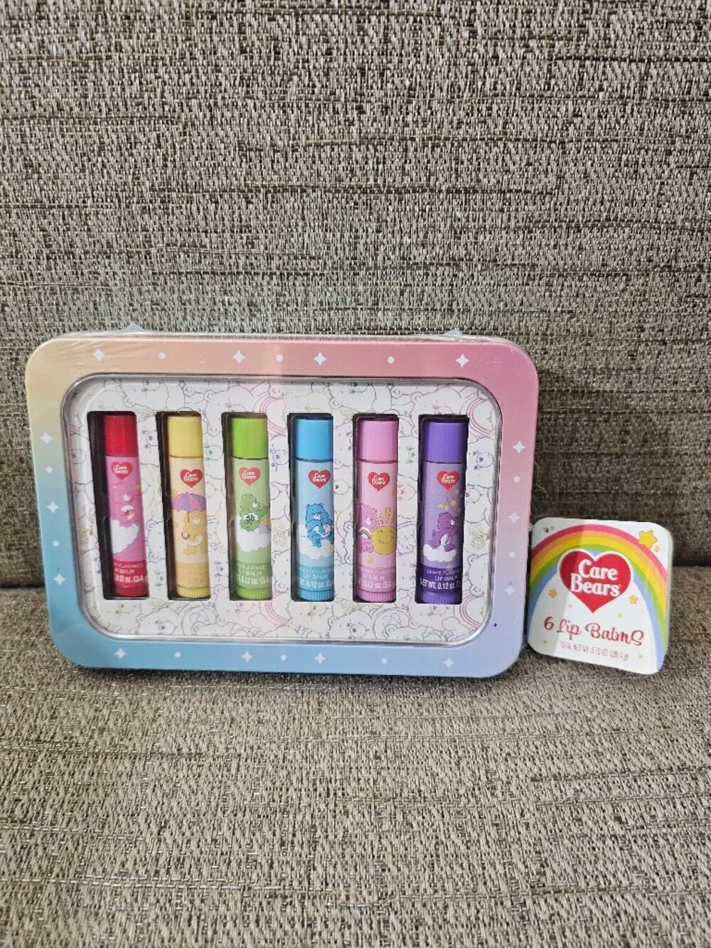 Care Bears 6 Flavored Lip Balm Set Collectible Tin NEW